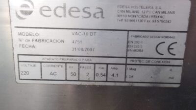 PLACA IDENTIFICATIVA DE LA ENVASADORA EDESA VAC 10 DT 287962