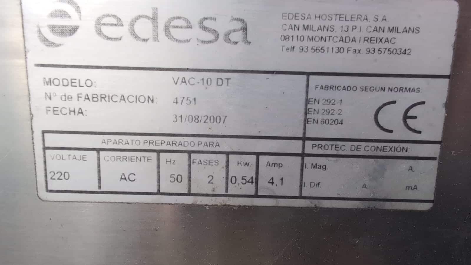 PLACA IDENTIFICATIVA DE LA ENVASADORA EDESA VAC 10 DT 287962